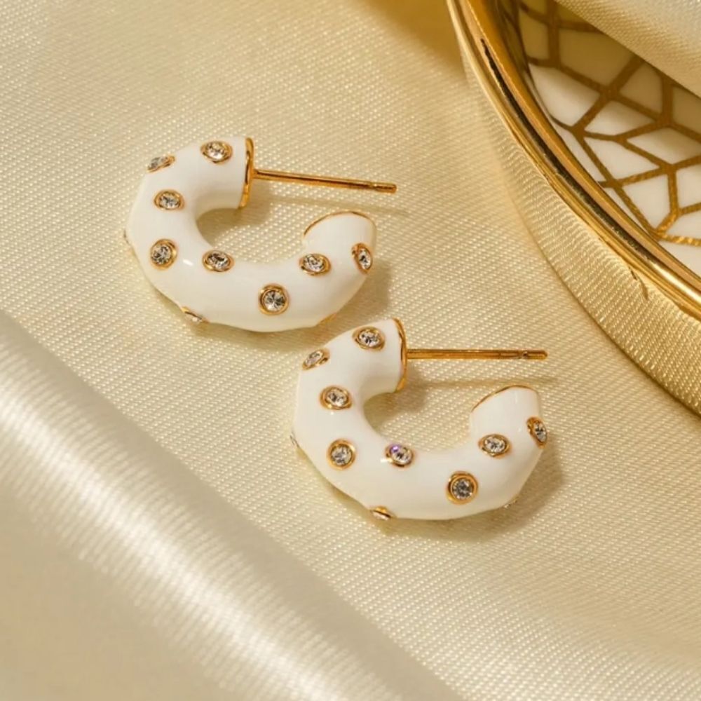White Enamel Diamond C Shape Hoop Huggie Earrings 18K Gold Plated